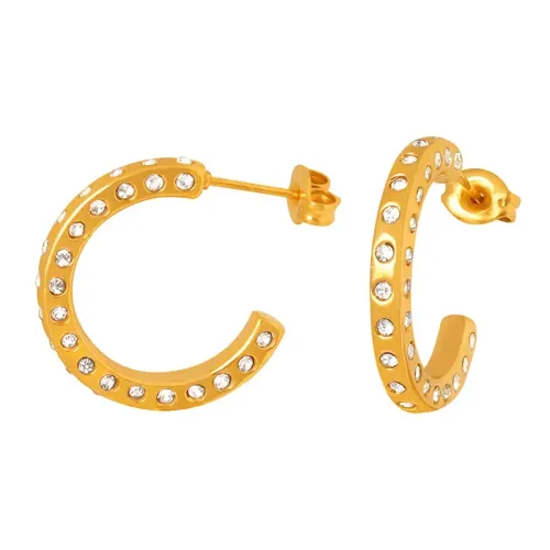 FXET418 Large C-shaped gold-plated earrings with zircons