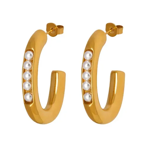FXET438 British CHIC plain hoop inlaid imitation pearl earrings gold-plated earrings