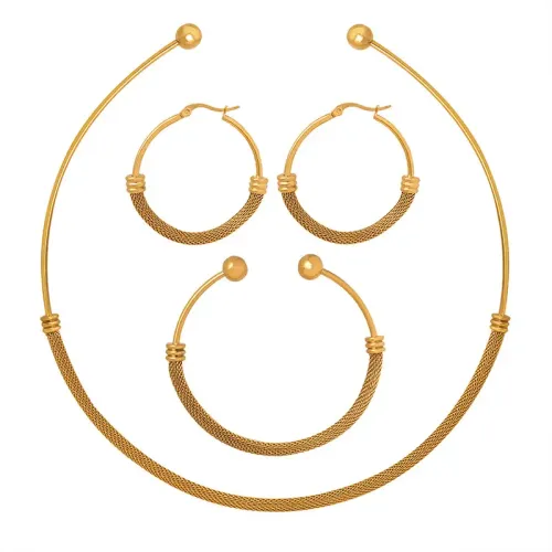 FXET172 Jewelry Three -piece Scrolls Circle Ear Rings Bracelet Plating 18K True Gold