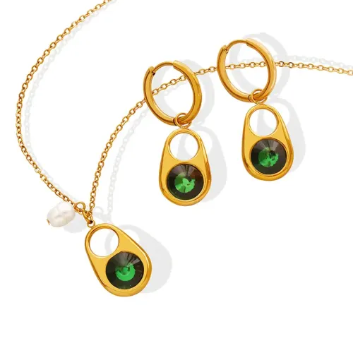 FXET661 Unisex pull-tab green zirconia inlaid necklace and earrings jewelry set