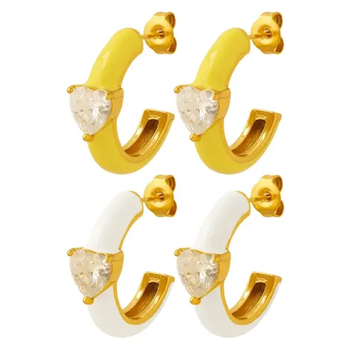 FXET603 Yellow and white drip oil C-shaped inlaid love zircon earrings