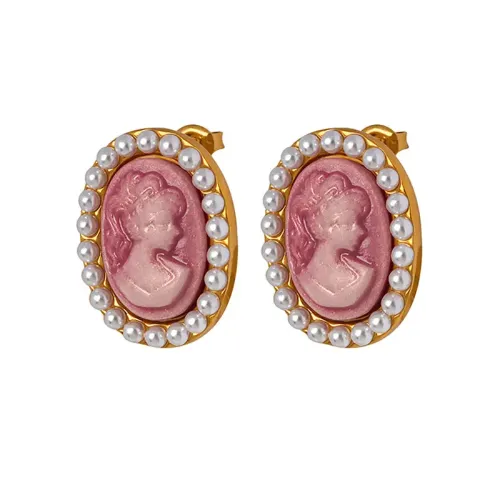 FXET389 Pink earrings oval cartoon -shaped cartoon figure imitation pearl earrings lady earrings