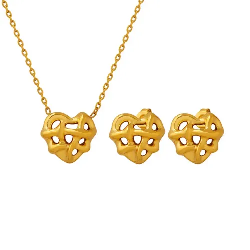 FXET114 The wrapped heart plated 18K Golden Peach Heart Drigger Necklace Ear Ring Set