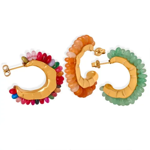 FXET19 C -shaped colorful natural stone yellow agate green ghost stone female earrings