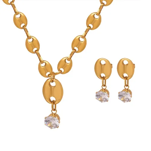 FXET584 Pig nose double hole coffee bean chain necklace inlaid with zircon earrings jewelry set