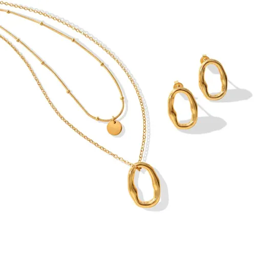 FXET123 Geometric alien geometric stack wearing double -layer necklace ear ring suits plated 18K gold earrings jewelry