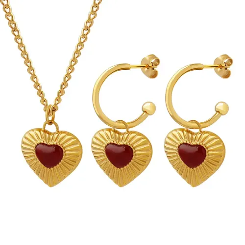 FXET154 Peach heart love inlaid red agate pendant neck chain ear ring head jewelry set