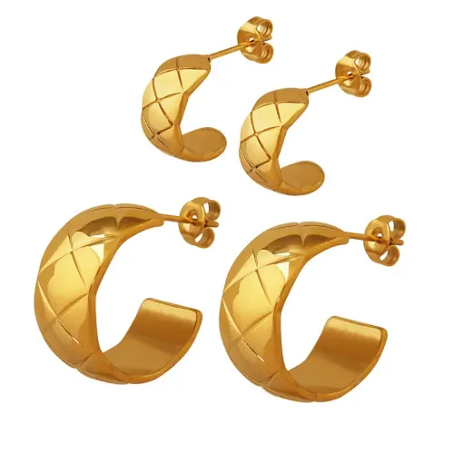 FXET604 C-type plaid pattern batch pattern heavy industry earrings jewelry plated 18K real gold jewelry for women