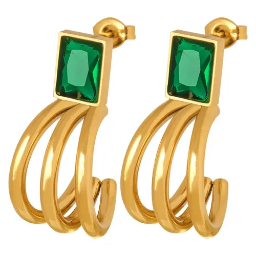 FXET583 Square green and black glass stone three-prong C-shaped earrings gold-plated earrings