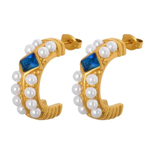 FXET388 Lan Yan Stone imitation pearl C -shaped earrings gold -plated ear decoration