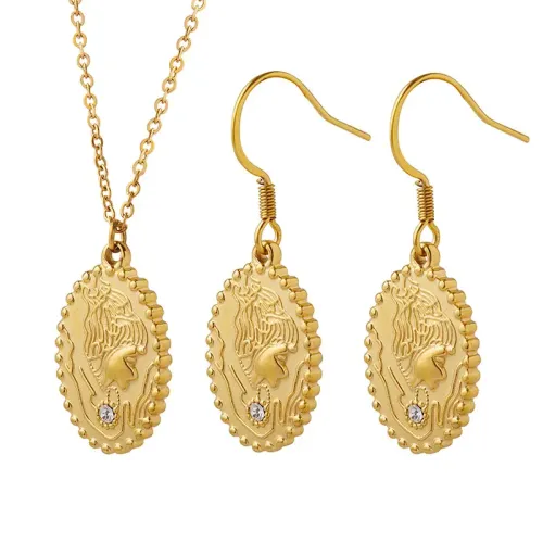 FXET635 Portrait inlaid zircon oval brand necklace and earrings jewelry set