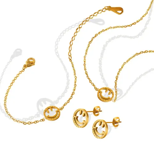 FXET756 Smiling Face Hollow Pendant Necklace Bracelet Earrings Jewelry Set 18K Gold Plated Jewelry