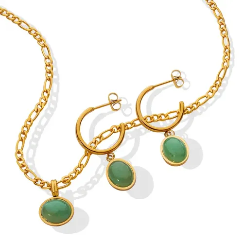 FXET93 Natural Green Dongling Pendant Ethnic Necklace Ear Ring Jewelry