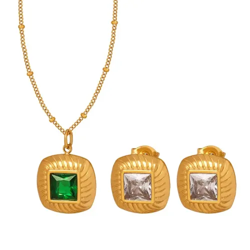 FXET551 Square inlaid glass stone pendant necklace women's earrings earrings jewelry set