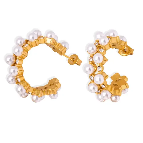 FXET573 E-commerce C-shaped geometric inlaid zircon high-gloss pearl earrings jewelry