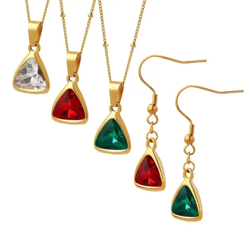 FXET463 Romantic dreamy sweet cool bright crystal triangle pendant necklace earrings jewelry set
