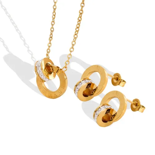FXET15 Roman drilling double -ring earrings necklace neck jewelry suits are plated 18K real gold without fading