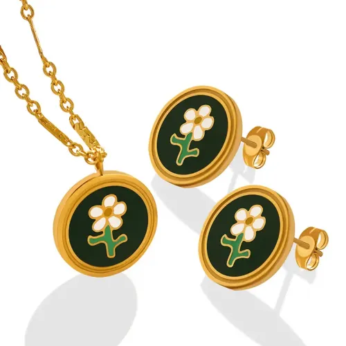 FXET158 Mori accessories clavicle chain drip oil flowers necklace ears ring head jewelry set