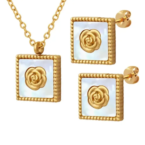 FXET342 Inlaid white sea shell plated Golden Mountain Camellia Following Black Ear Ring Set
