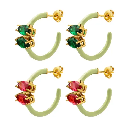 FXET548 Forest style sweet little Qing bestie earrings inlaid with red and green zircon epoxy C-shaped earrings