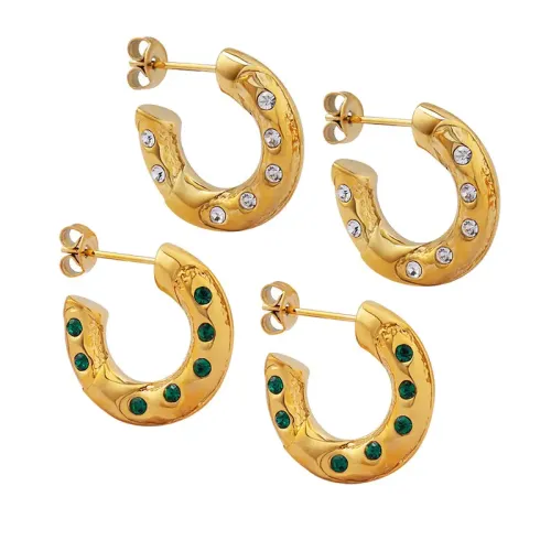 FXET470 Neutral white green zircon inlaid C-shaped earrings plated with 18K real gold earrings wholesale