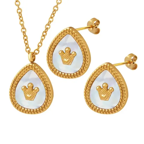 FXET626 Cartoon Cute Water Drops White Seashell Crown Pendant Necklace Campus Earrings Women's Jewelry Set