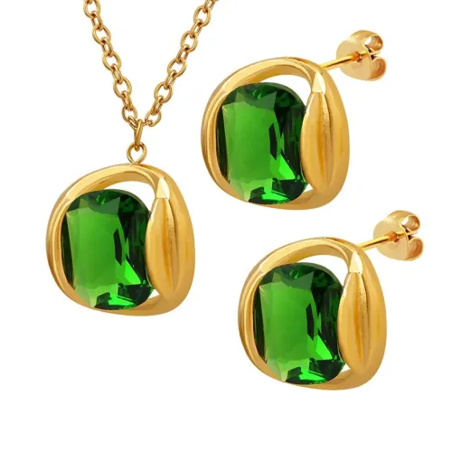 FXET231 Neutral medium -old emerald crystal pendant necklace ears ring head jewelry set