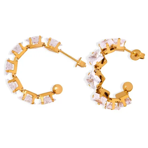 FXET274 C -shaped square claw inlaid shining vermiculite plating 18K real gold earrings earrings