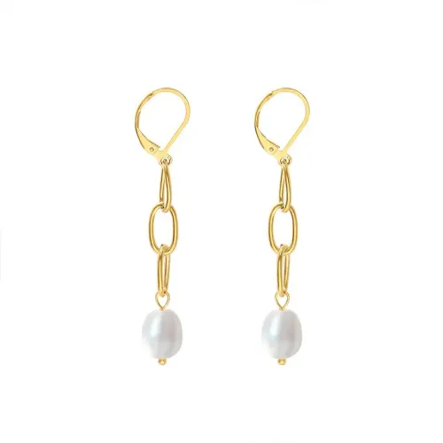 FXET539 Freshwater Pearl Tassel Chain Earrings Baroque Earrings Plated with 18K Gold