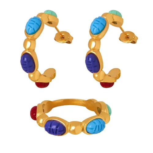 FXET582 AliExpress Ring Earrings Inlaid Resin Gold Plated Jewelry Set Ornaments