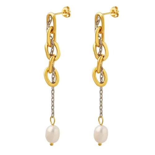 FXET544 Autumn Baroque Freshwater Pearl Chain Earrings for Women 18K Gold Plated