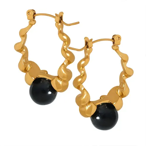 FXET314 Geometric spiral black bead glass ball earrings plated 18K gold ear decoration