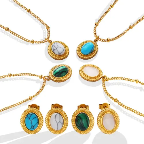 FXET8 Persian pine cat eye stones inlaid necklace ear ring jewelry set female wholesale