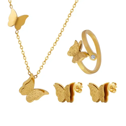 FXRT14 Smart Frosted Butterfly Jewelry Set Pendant Necklace, Earrings & Ring for Women