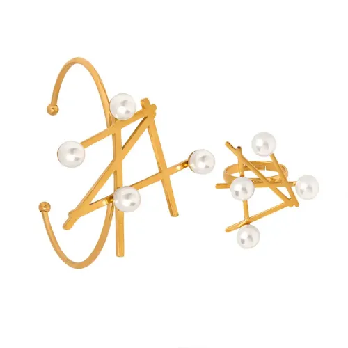 FXRT185 Gold Plated Geometric & Imitation Pearl Ring Bracelet Jewelry Set