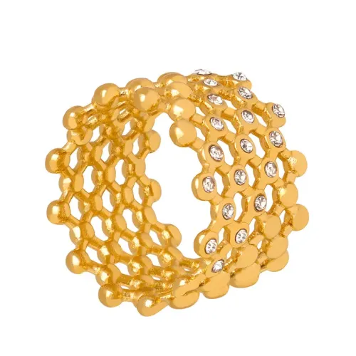 FXRT98 18K Gold Plated Mesh Woven Ring with Czech Diamonds Hollow Luxury Design
