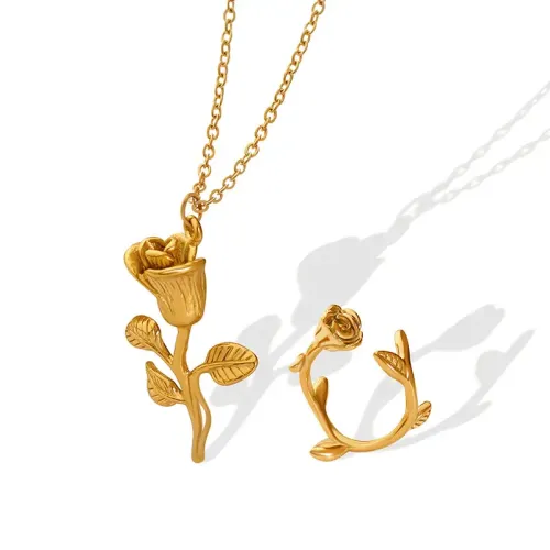 FXRT130 Rose Gold Collarbone Necklace and Bracelet Set, Women's Elegant Jewelry Decoration