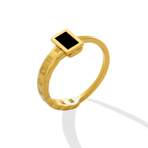 FXRT258 18K Gold Plated Geometric Ring with Black Shell Inlay Modern Jewelry Accessory