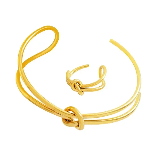 FXRT205 18K Gold Plated Double Layer Twisted Wire Knot Ring & Bracelet Set