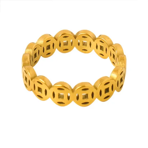 FXRT148 18K Real Gold Plated National Copper Coin Splicing Ring, Vintage Inspired Jewelry