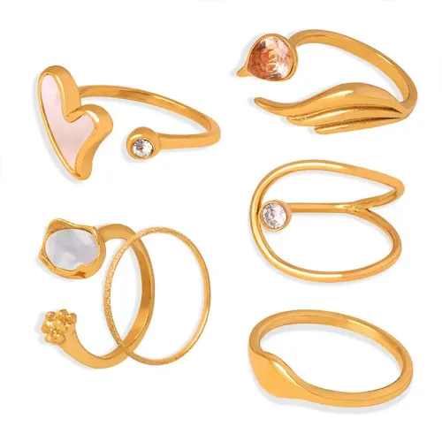 FXRT99 Chic Geometric Gold Plated Ring with Zircon and Shell Inlay