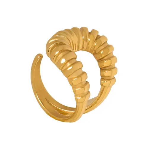 FXRT216 Geometric Gold Plated Open Ring Layered Horn Thread Texture Accessory