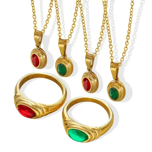 FXRT182 Pharaoh Inspired Gold Plated Jewelry Set with Red & Green Gemstone Zircon Necklace and Ring
