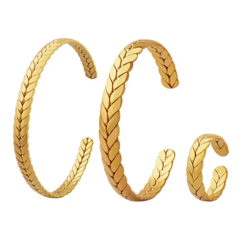 FXRT210 Gold Plated Wheat Ear Open Bracelet and Ring Set Chic Jewelry Collection