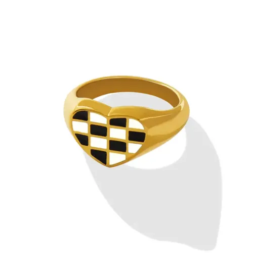 FXRT350 18K Real Gold Plated Peach Heart Checkerboard Couple Ring Love Jewelry