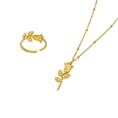 FXRT191 Rose Ring and Necklace Set Sweet Accessories, Floral Jewelry Collection