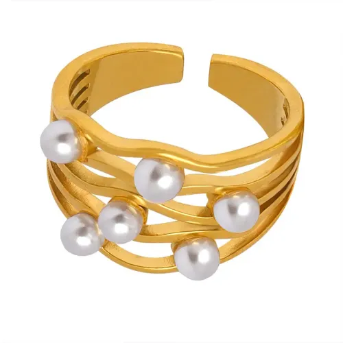 FXRT35 Classic Gold Plated Corrugated Wave Ring with Imitation Pearl Timeless Non Fading Jewelry