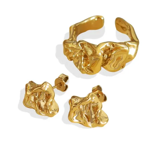 FXRT91 Women's Embossed Concave Ring & Earring Set Elegant Jewelry Collection