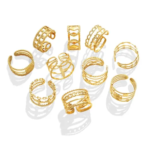 FXRT33 Non Fading Geometric Mixed Open Ring Gold Plated Hip Hop Fashion Jewelry