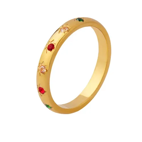FXRT252 Tri Color Zircon Ring Stainless Steel Gold Plated, Elegant Red White Green Band